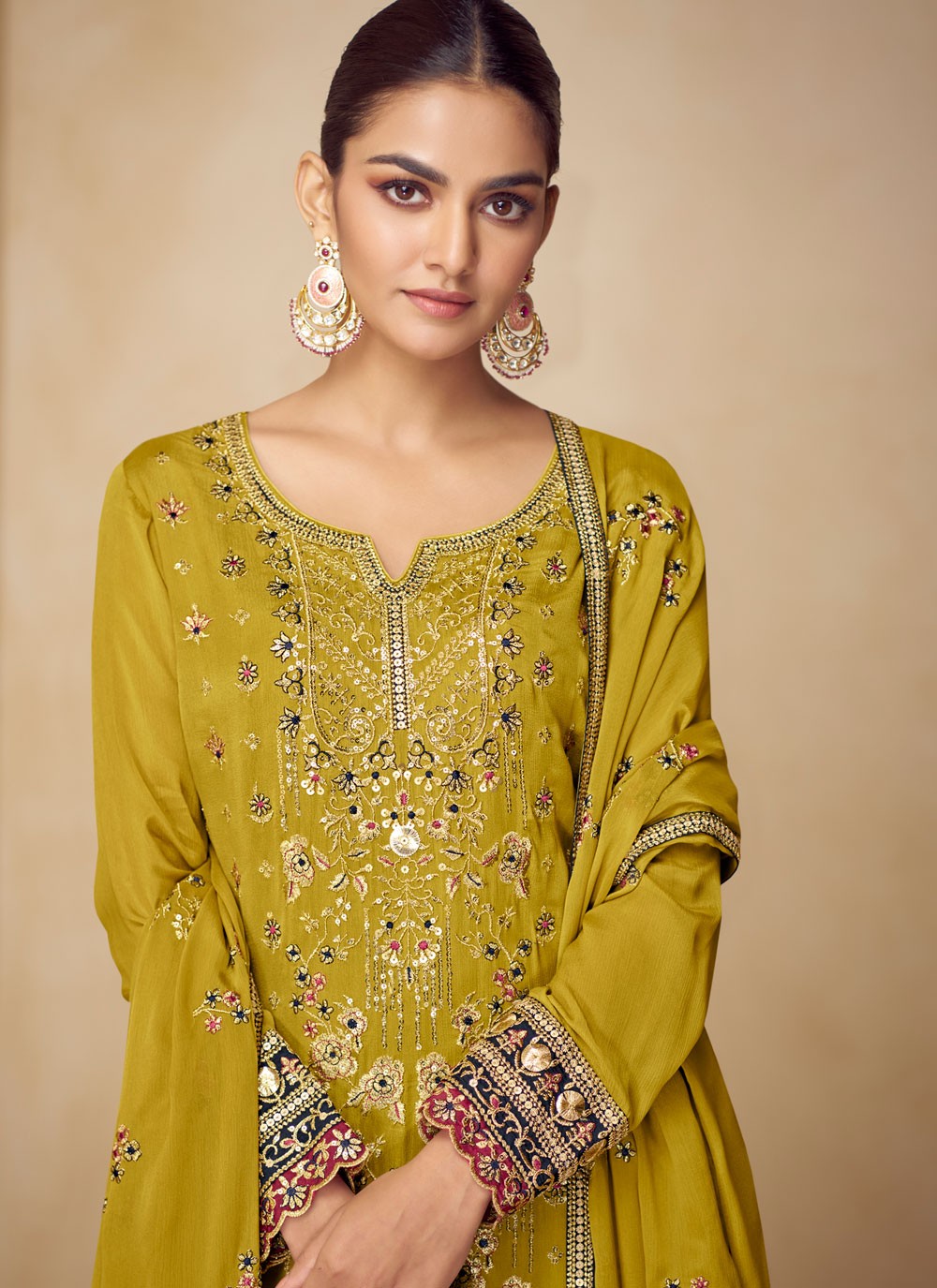 Palazzo Suit Embroidered Mustard T8546