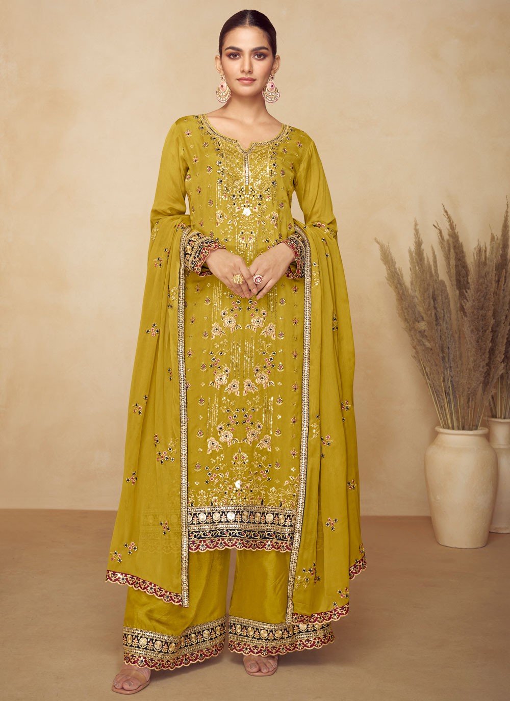 Palazzo Suit Embroidered Mustard T8546