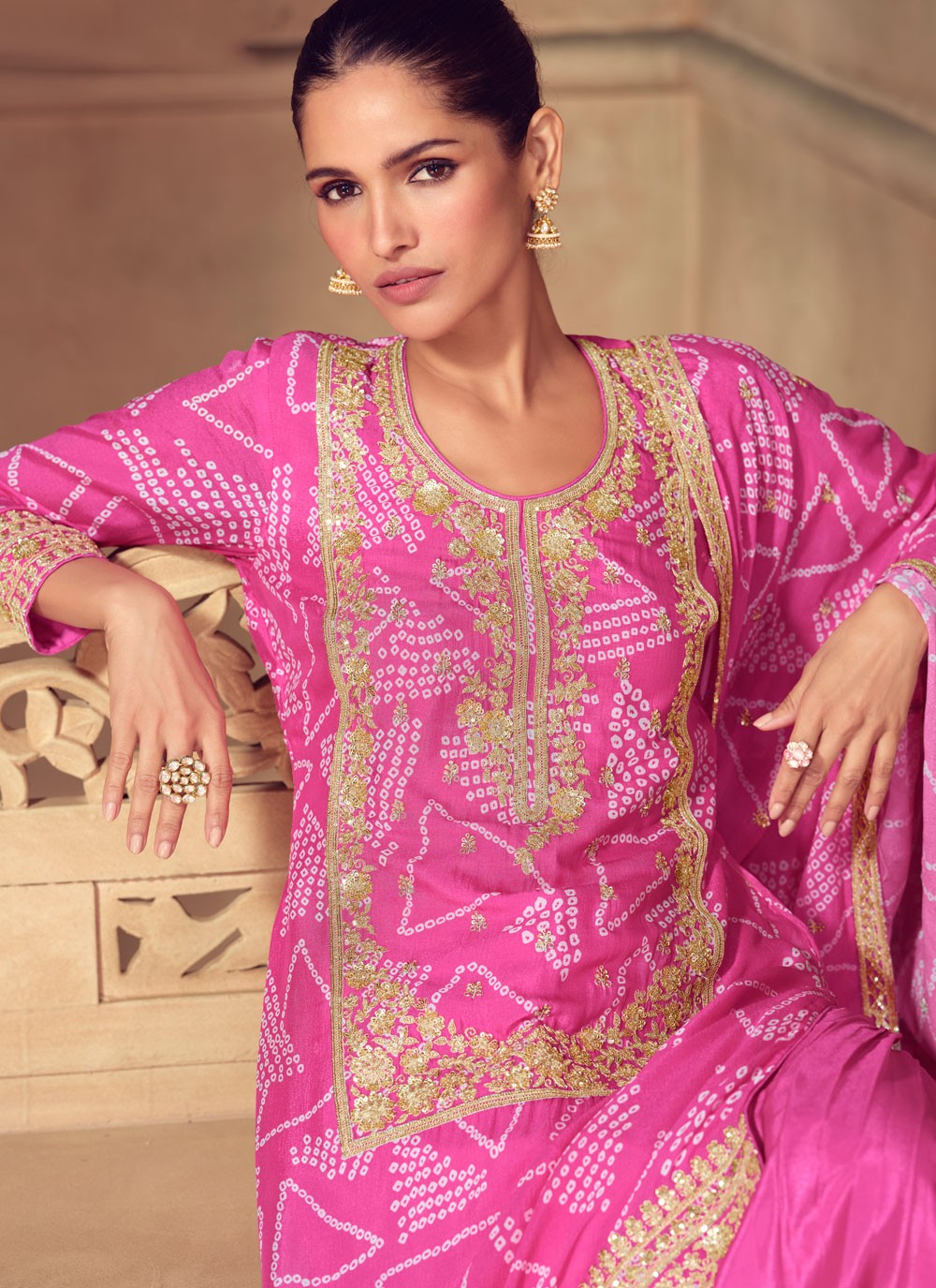 Palazzo Suit Digital Print, Embroidered, Zari Magenta T7806