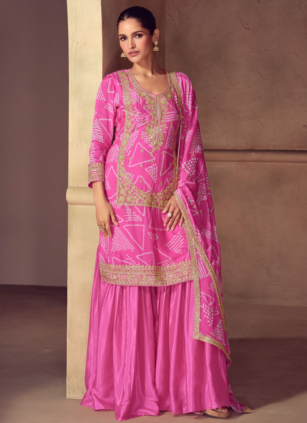 Palazzo Suit Digital Print, Embroidered, Zari Magenta T7806