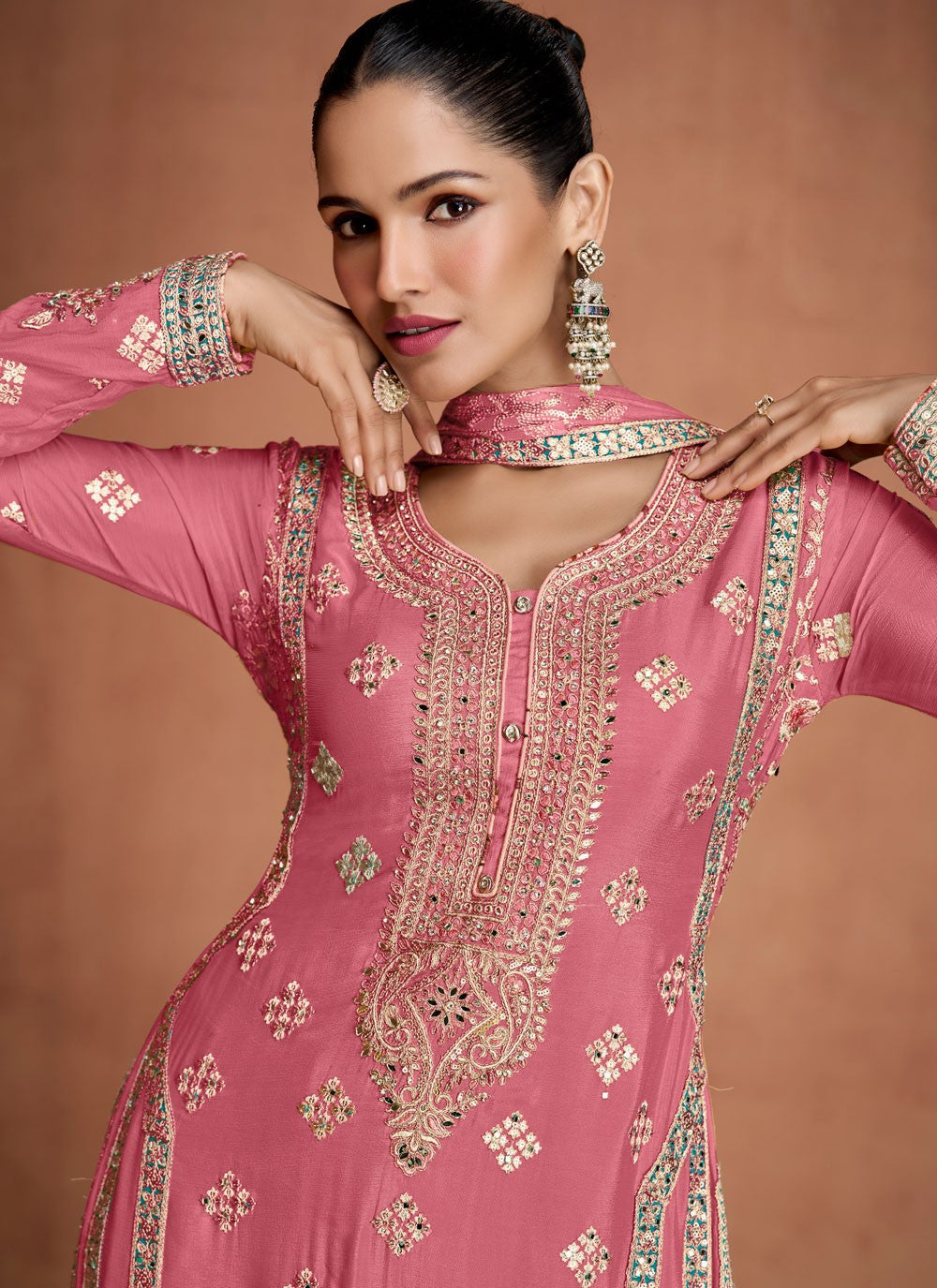 Palazzo Suit Embroidered, Mirror, Zari Pink T8268