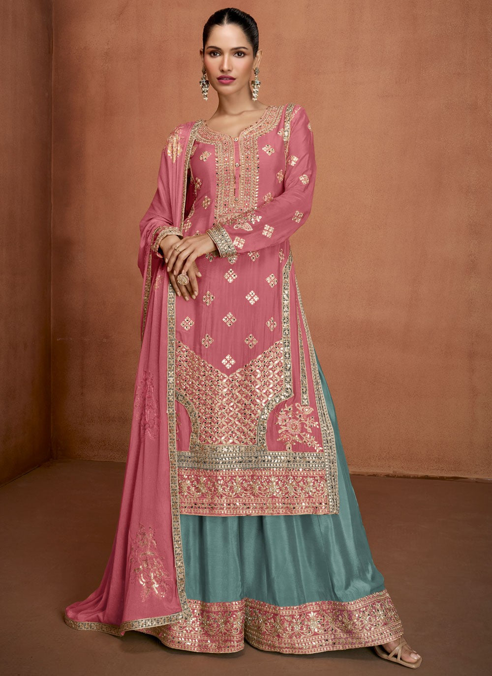 Palazzo Suit Embroidered, Mirror, Zari Pink T8268