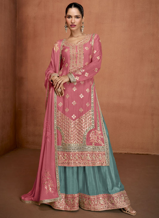 Palazzo Suit Embroidered, Mirror, Zari Pink T8268