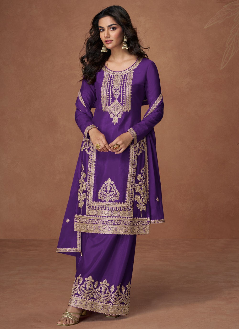 Palazzo Suit Embroidered, Zari Purple T7724