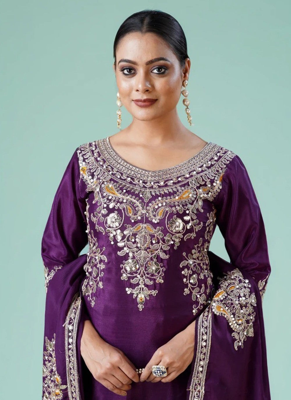 Palazzo Suit Embroidered Purple T7720