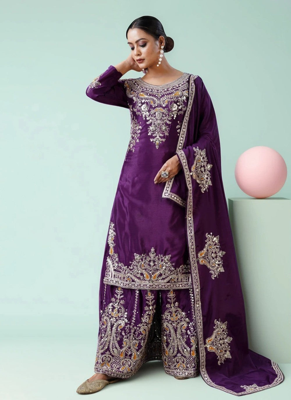 Palazzo Suit Embroidered Purple T7720