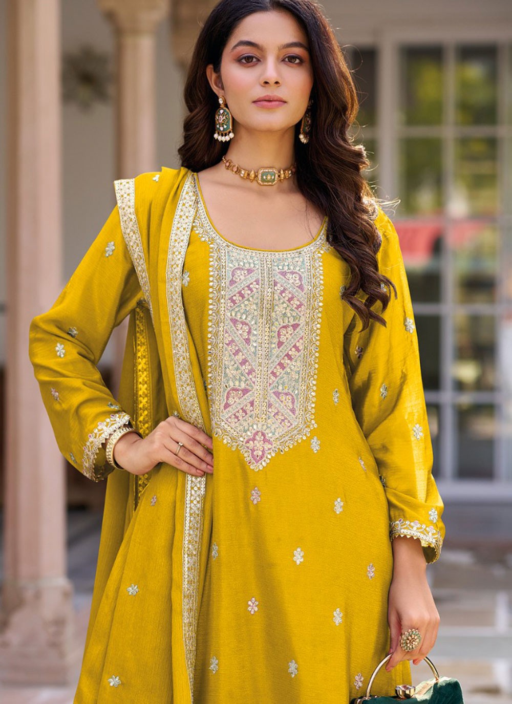 Salwar Suit Embroidered Yellow Chinon T5901