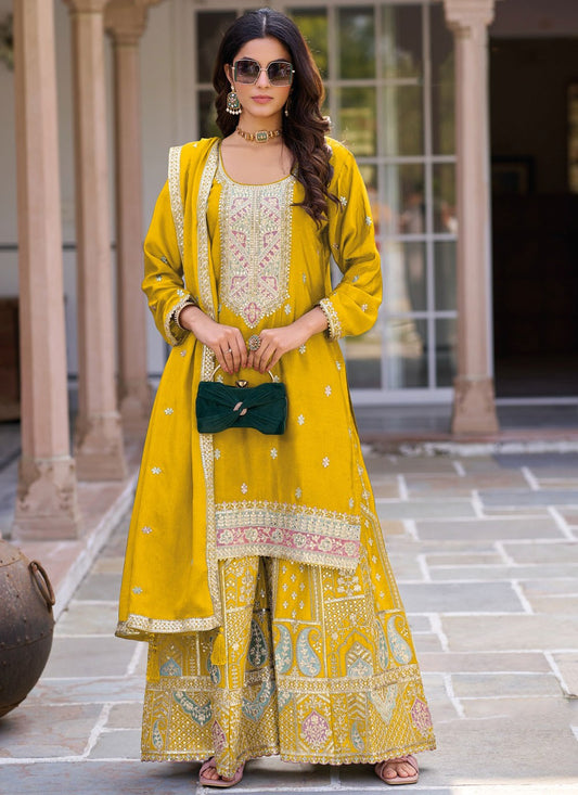 Salwar Suit Embroidered Yellow Chinon T5901