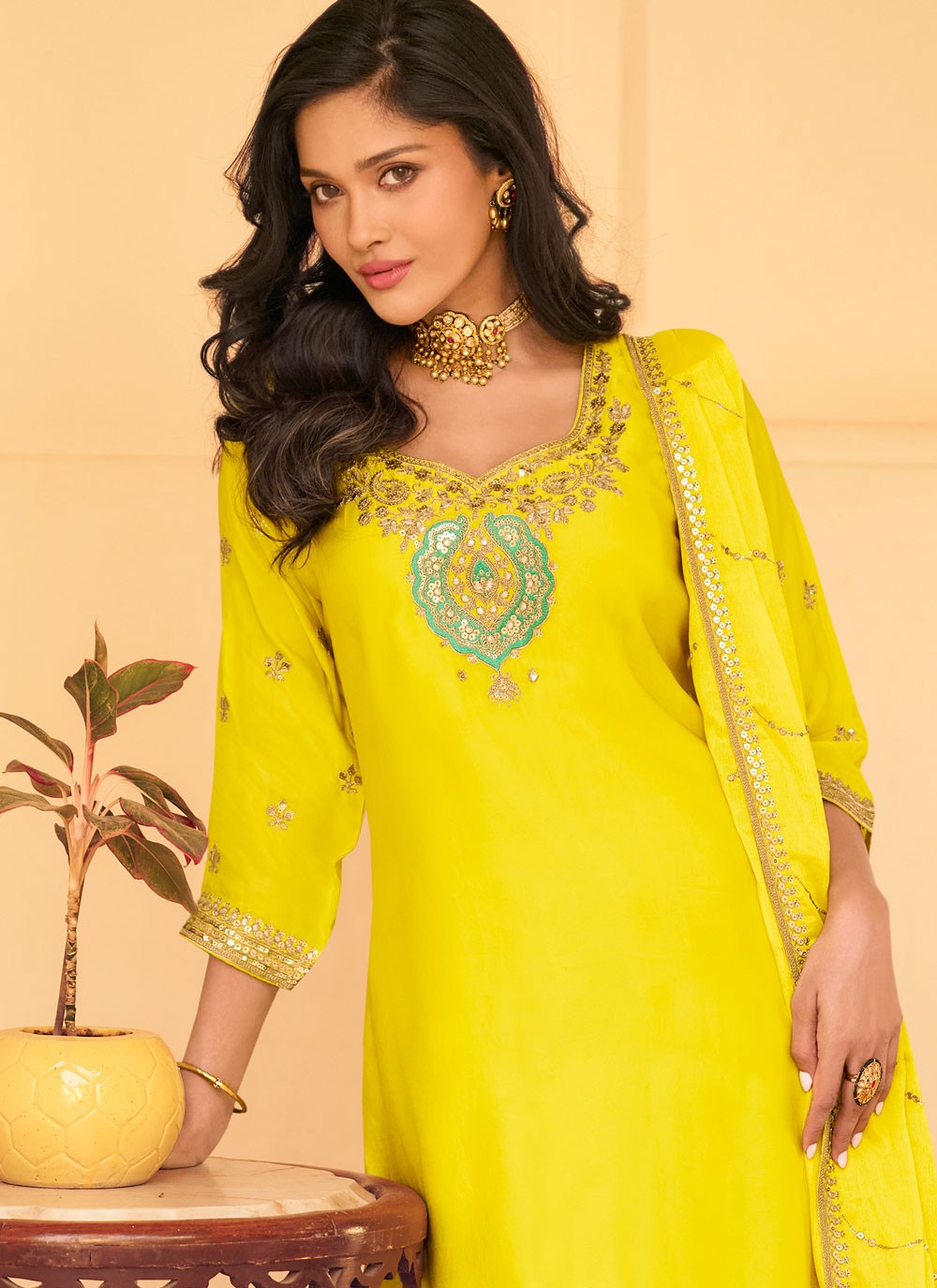 Palazzo Suit Embroidered Yellow T8550