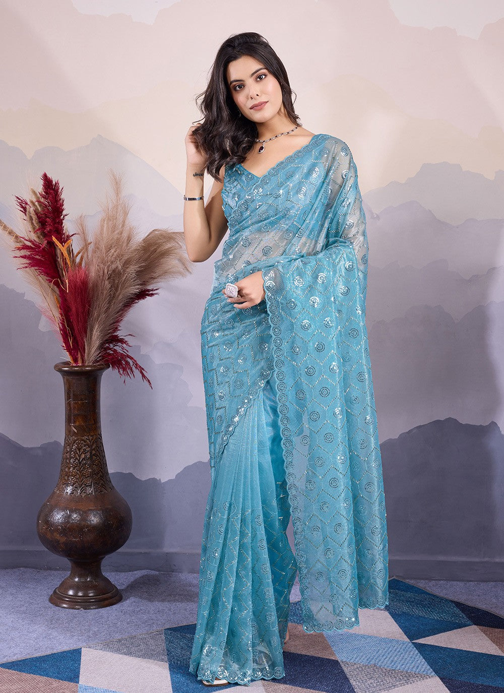 Classic Embroidered Net Saree - S8545