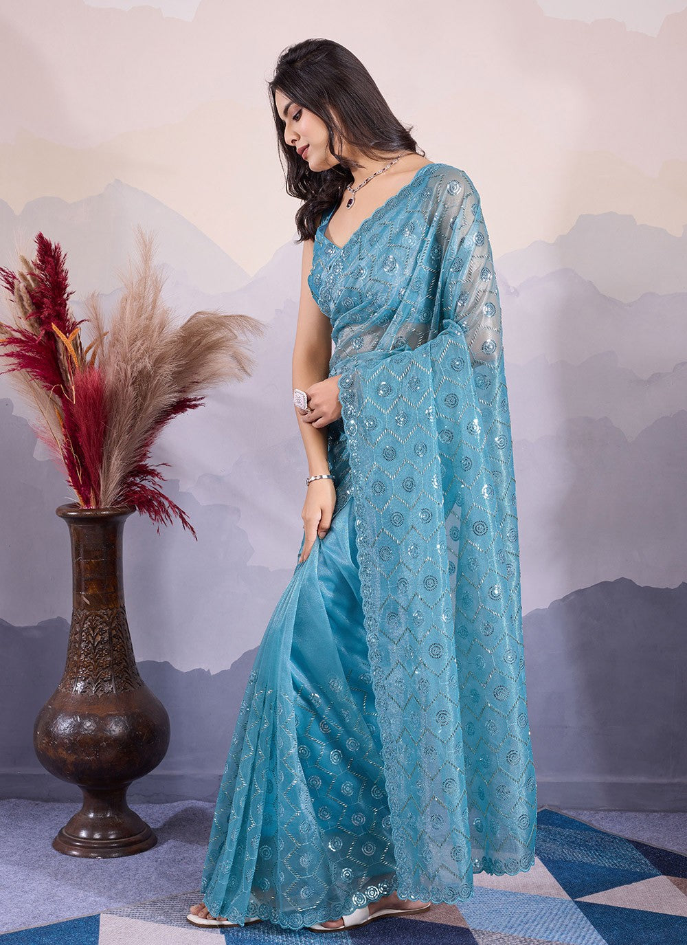 Classic Embroidered Net Saree - S8545