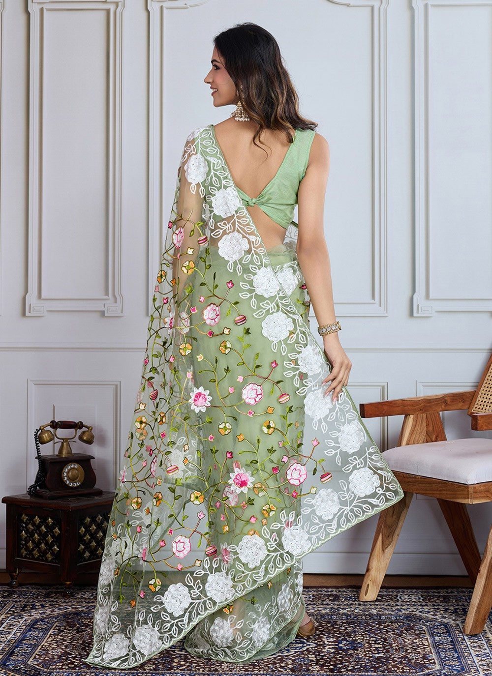 Embroidered Net Green Classic Saree S14985