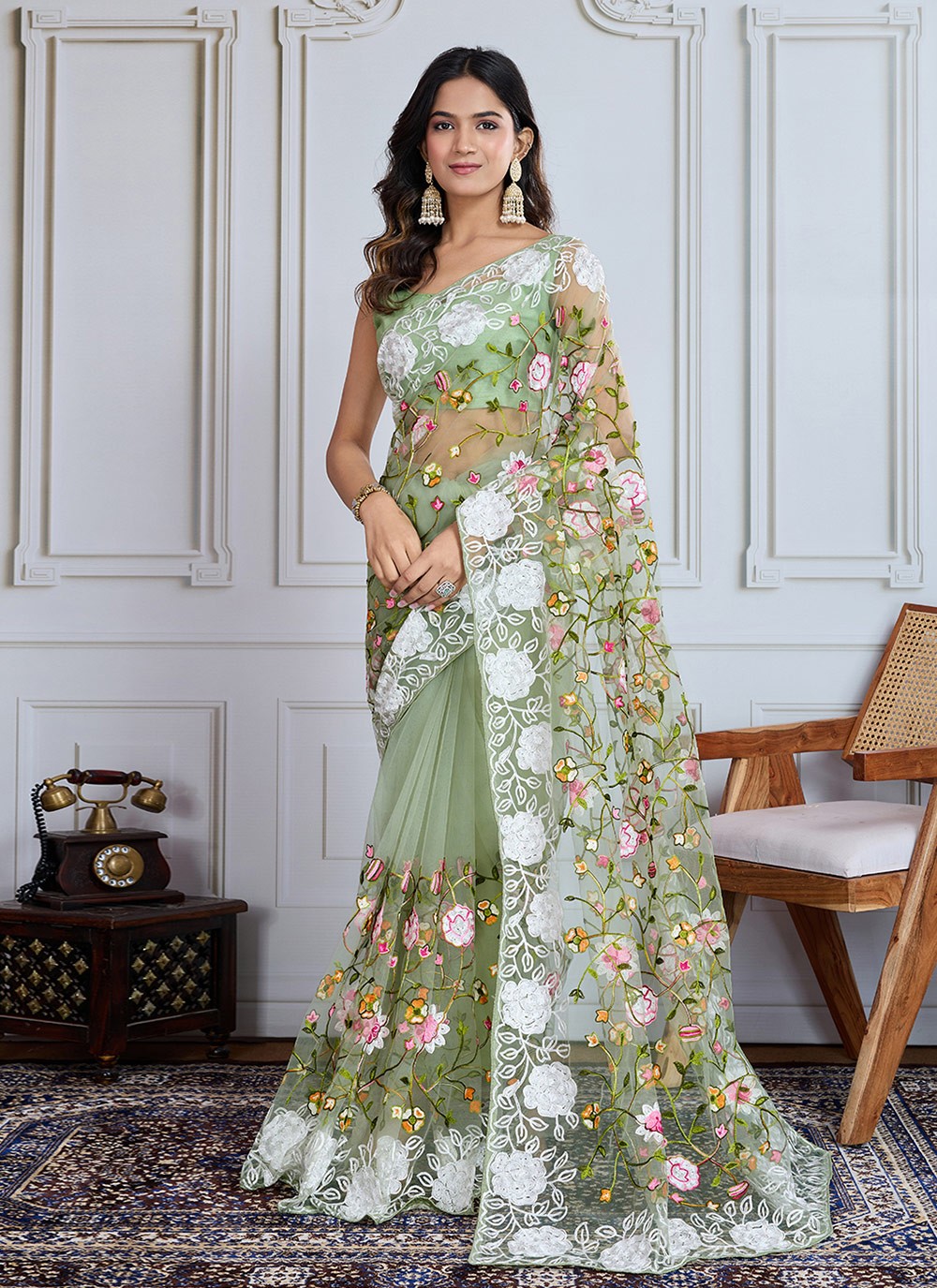 Embroidered Net Green Classic Saree S14985