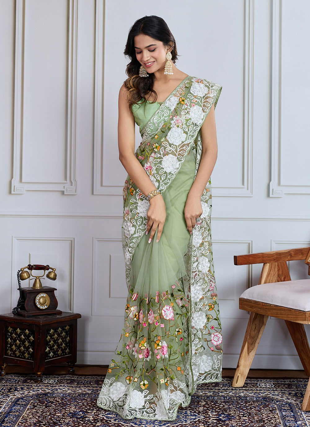 Embroidered Net Green Classic Saree S14985