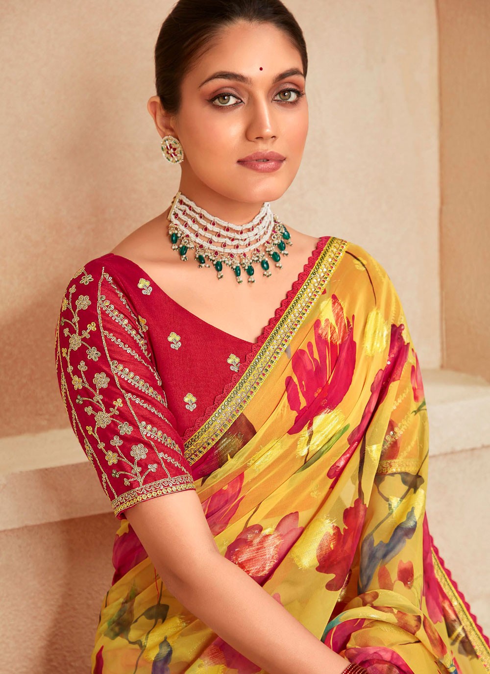 Yellow Georgette Classic Saree Embroidered, Floral Printed S20515