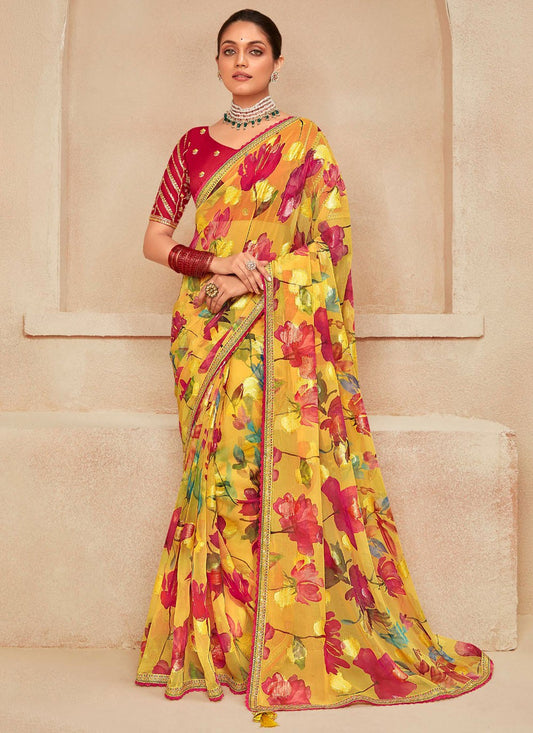 Yellow Georgette Classic Saree Embroidered, Floral Printed S20515