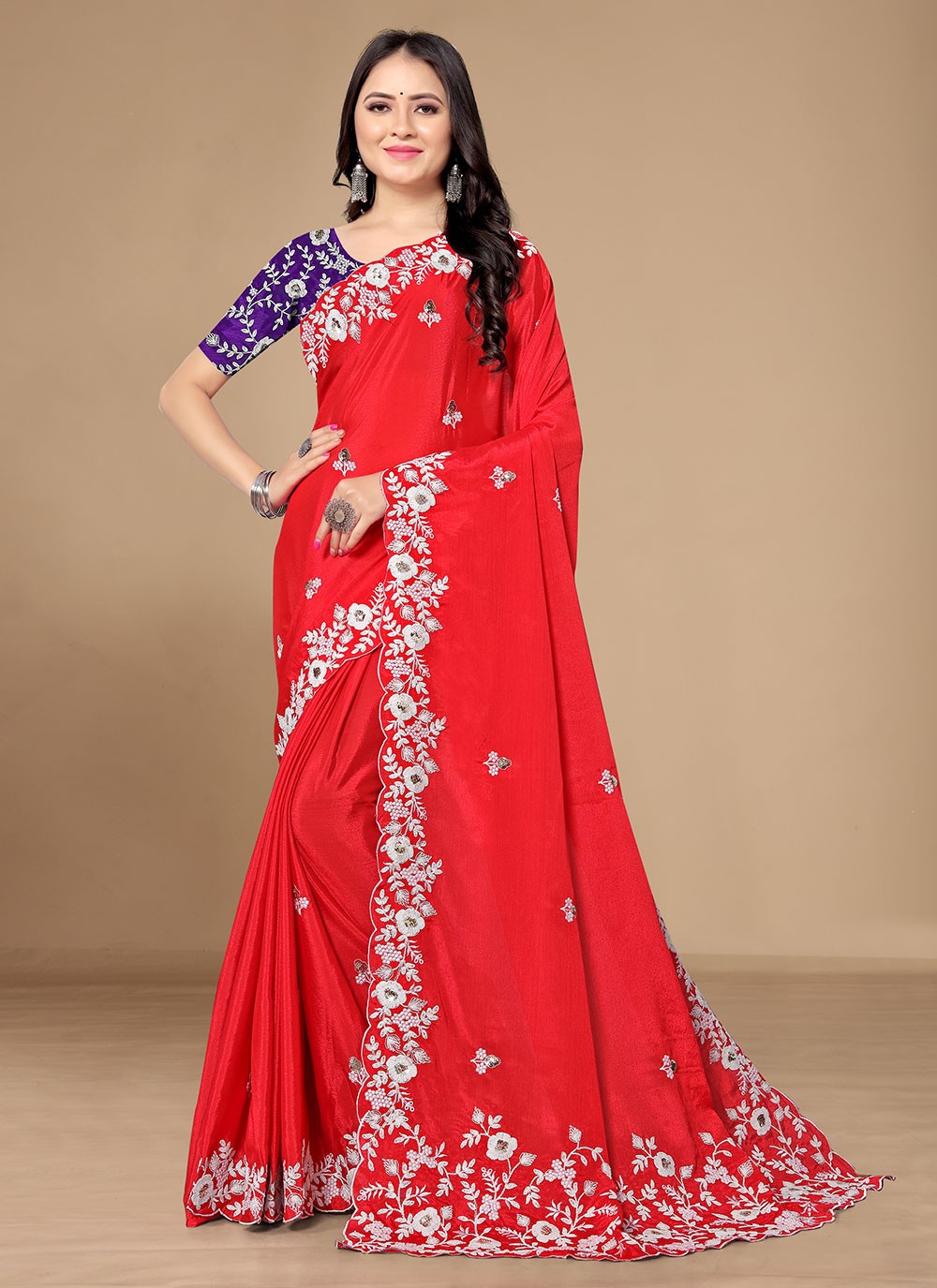 Classic Embroidered Chinon, Silk Saree - S4677