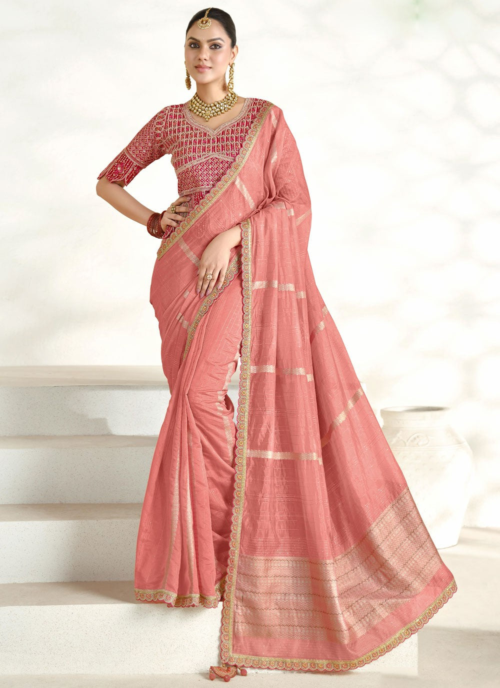 Contemporary Border Work Peach Silk S12675