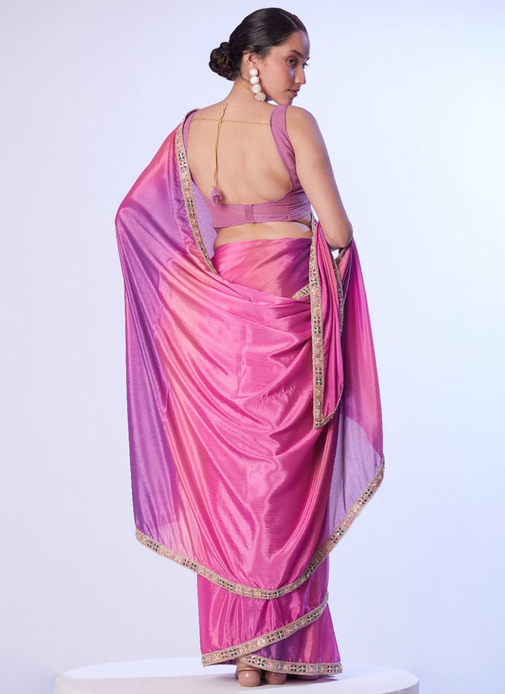 Contemporary Border Work Lavender, Pink Chinon Saree S12760