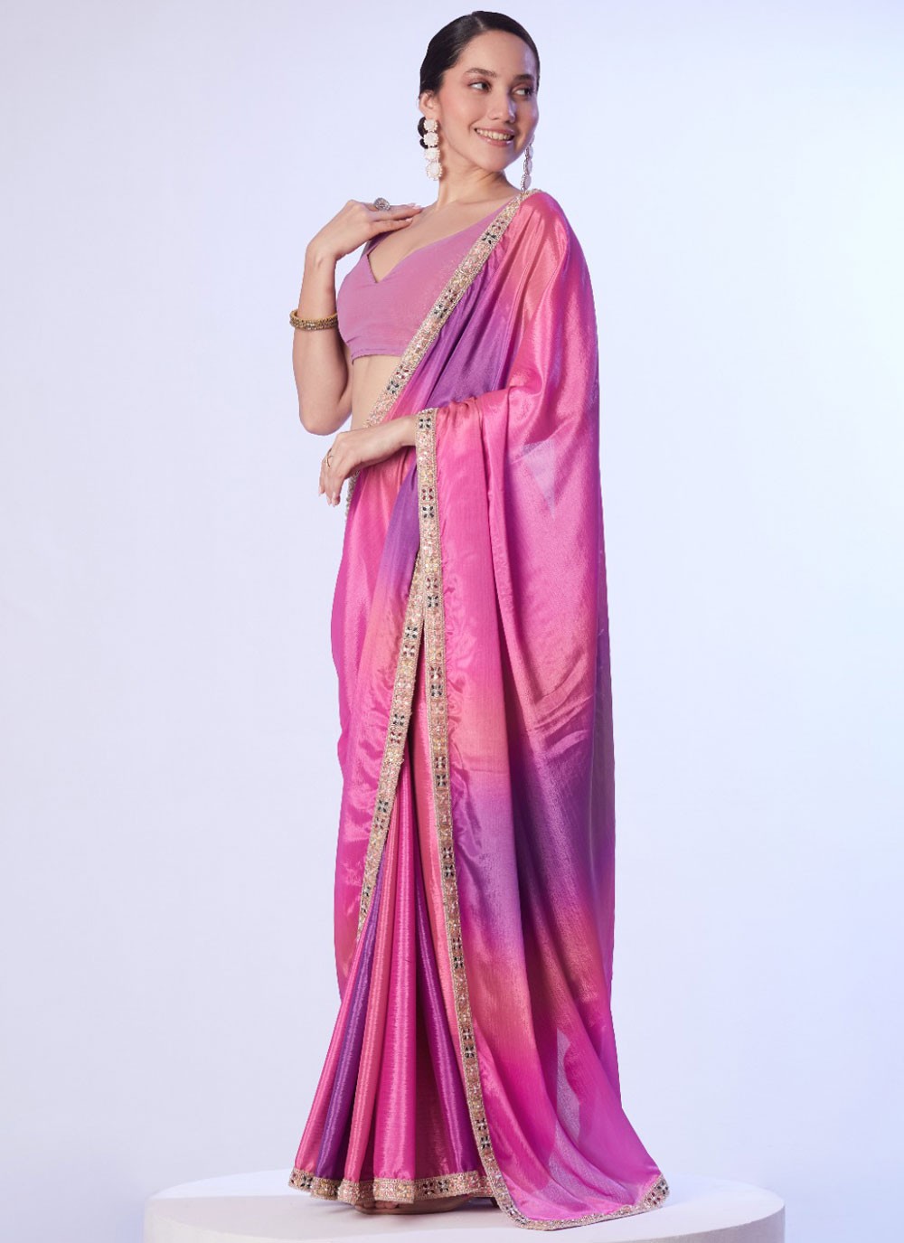 Contemporary Border Work Lavender, Pink Chinon Saree S12760