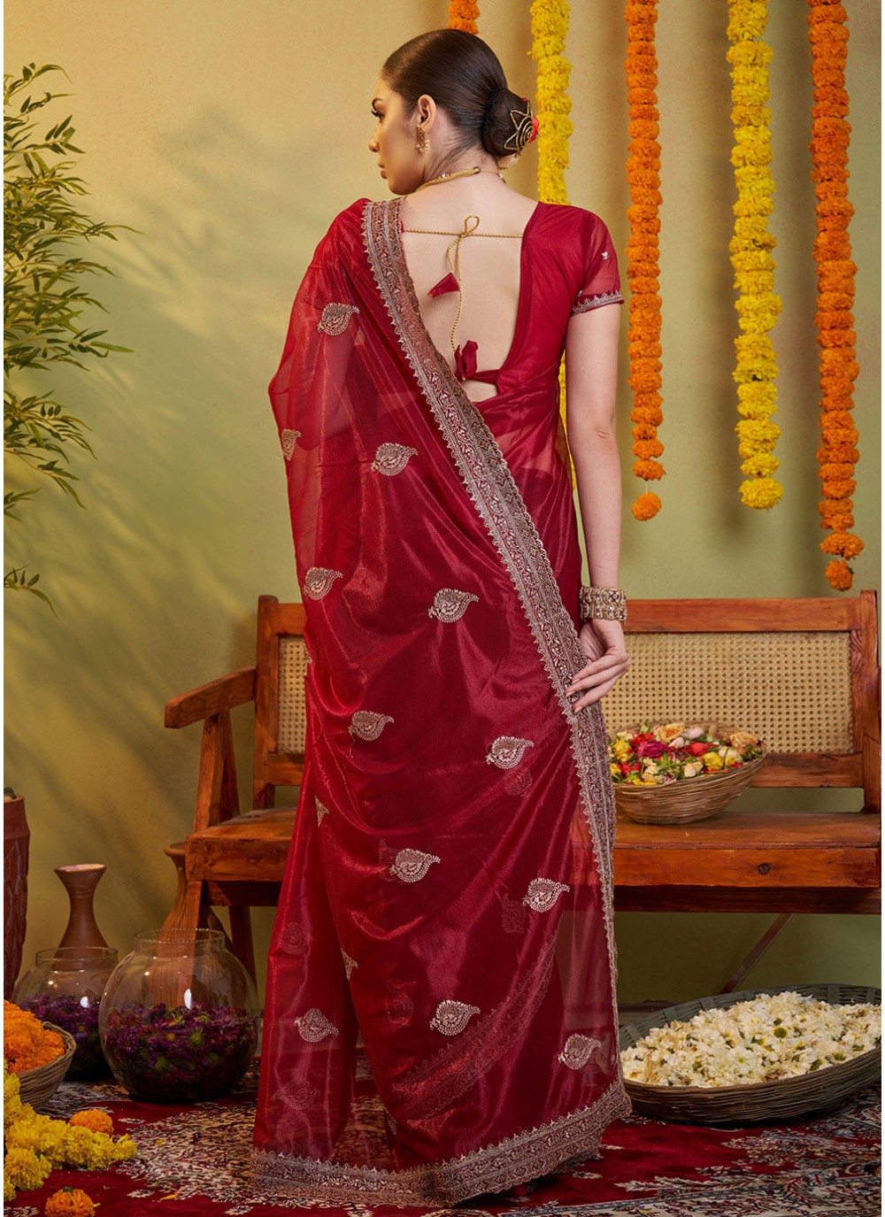 Embroidered Organza Maroon Saree S14453
