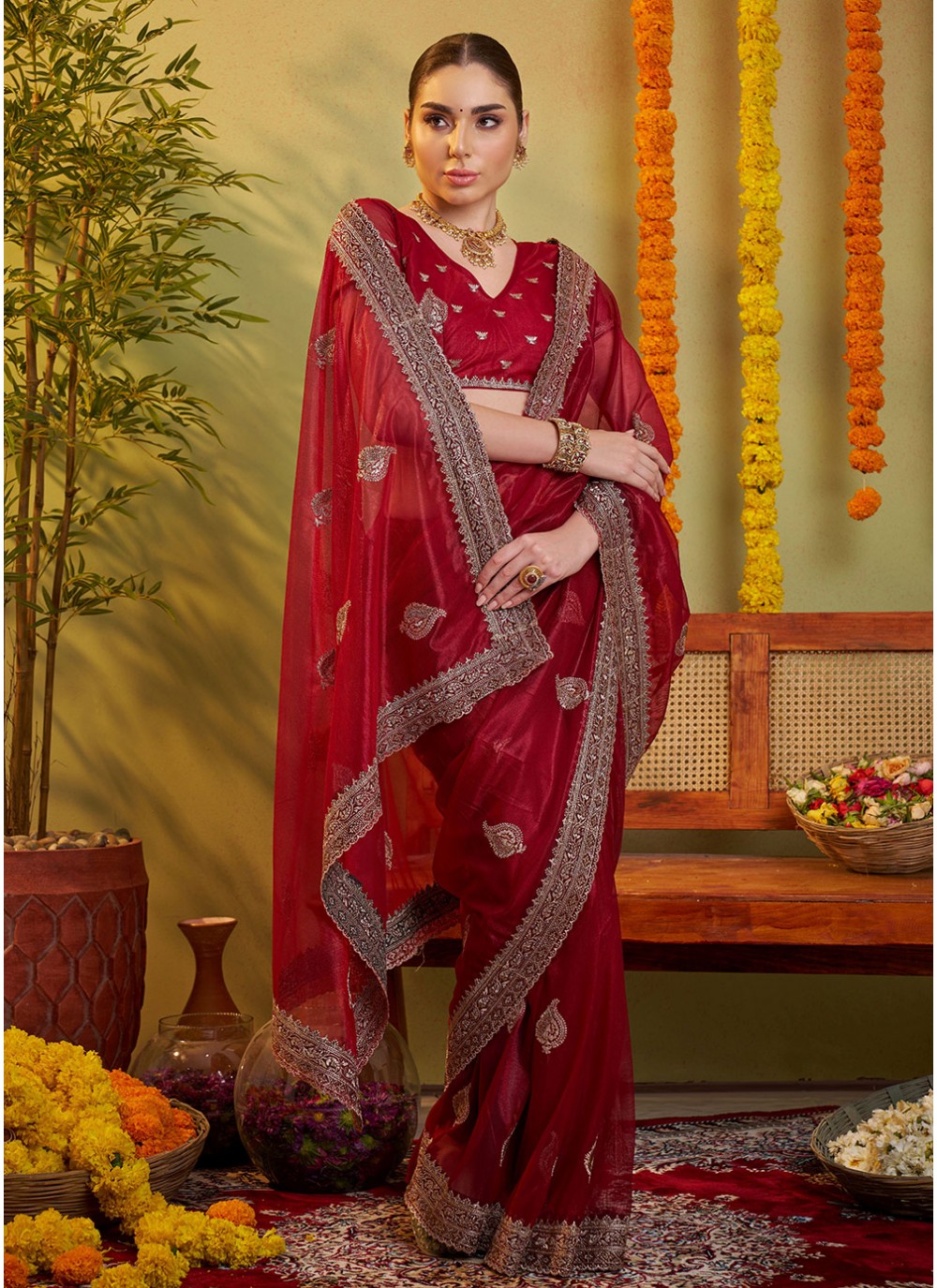 Embroidered Organza Maroon Saree S14453