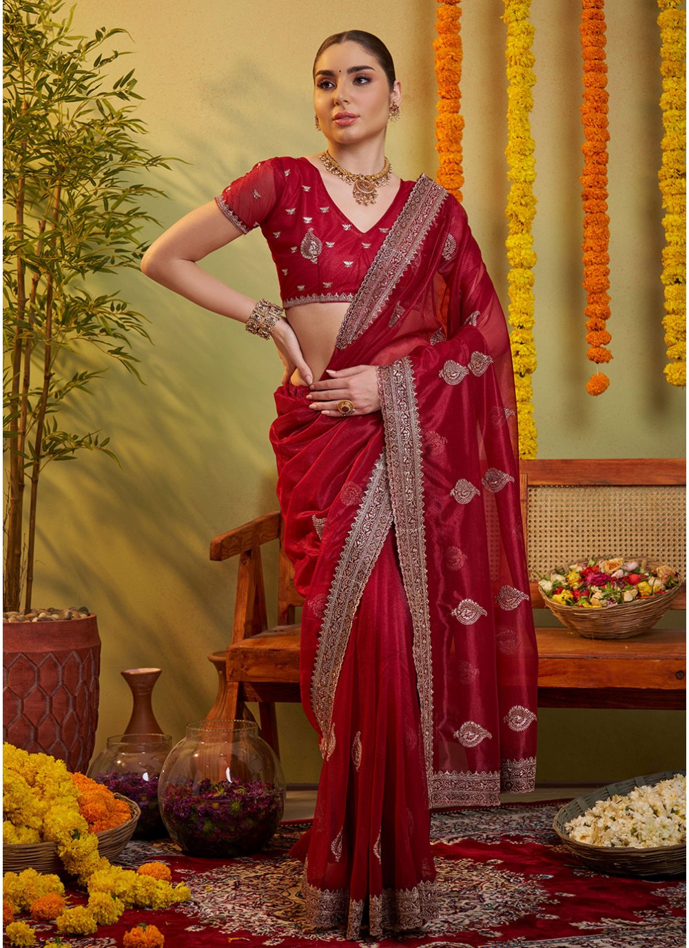 Embroidered Organza Maroon Saree S14453