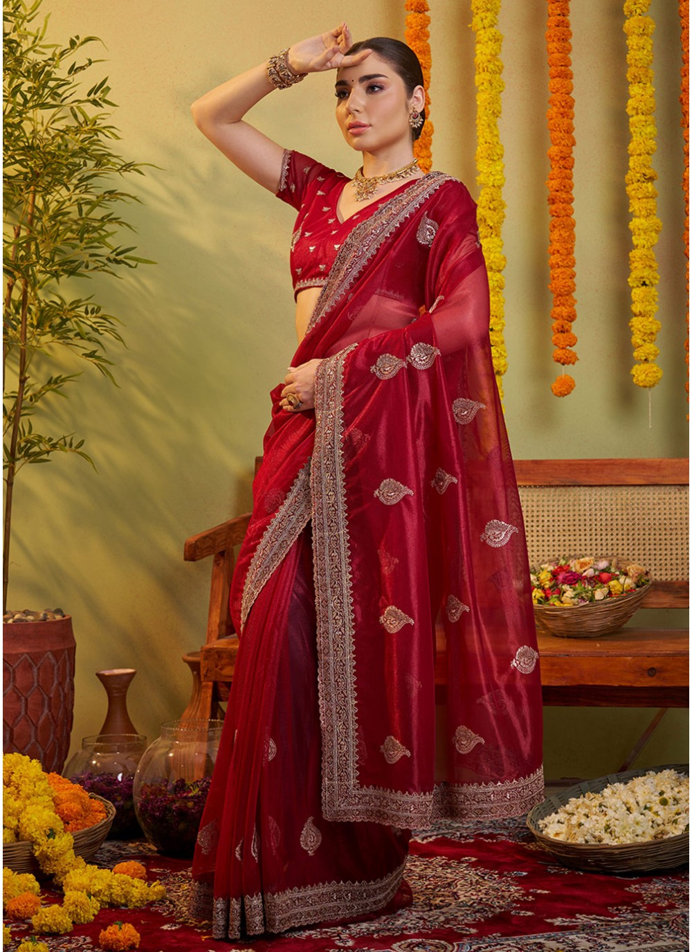 Embroidered Organza Maroon Saree S14453