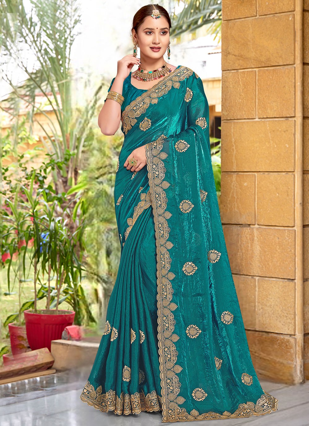 Embroidered Silk Morpeach Saree S14676