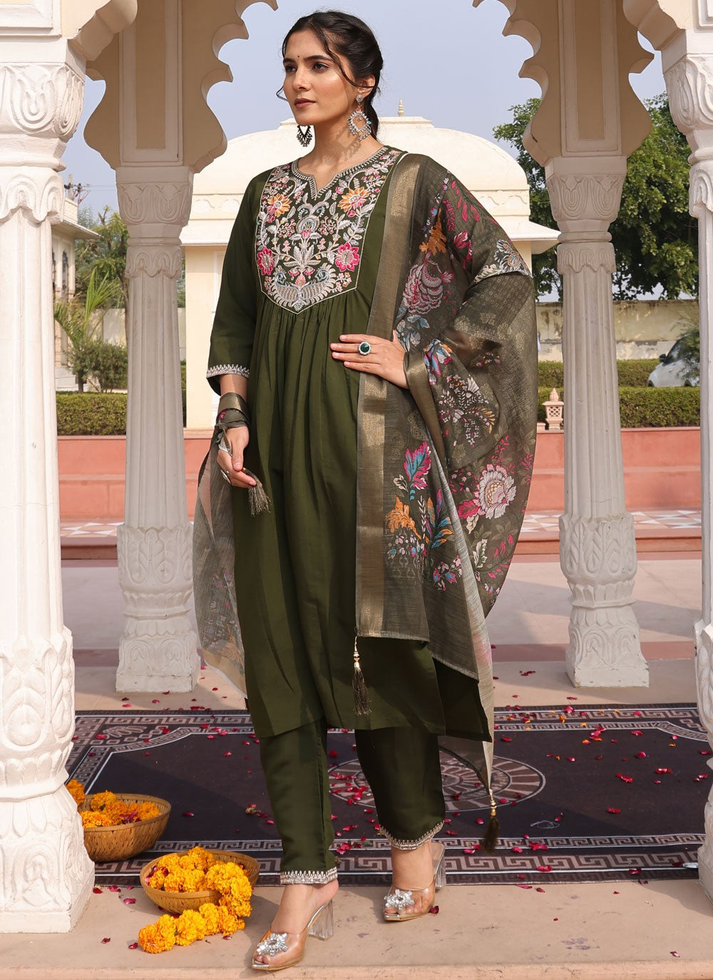 Salwar Suit Embroidered Green Cotton Silk T5744