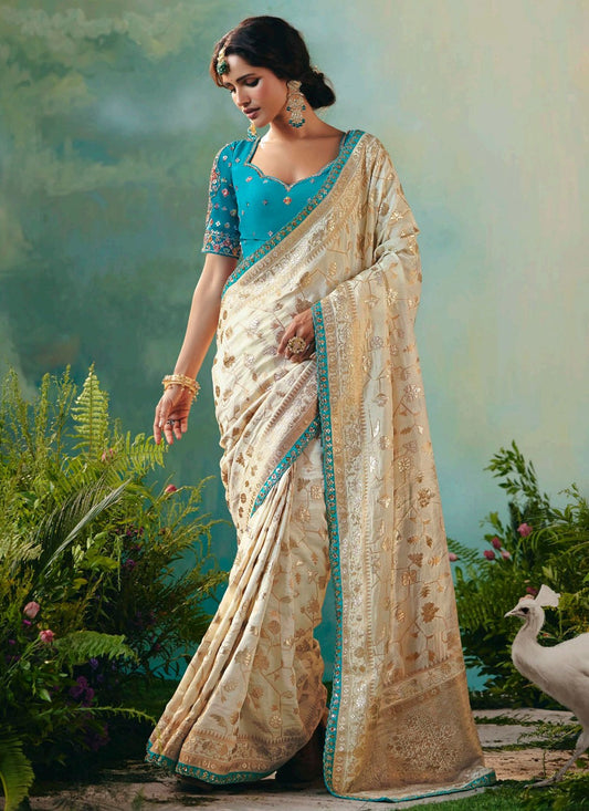 Cream Silk Trendy Saree Embroidered, Weaving Zari S20205