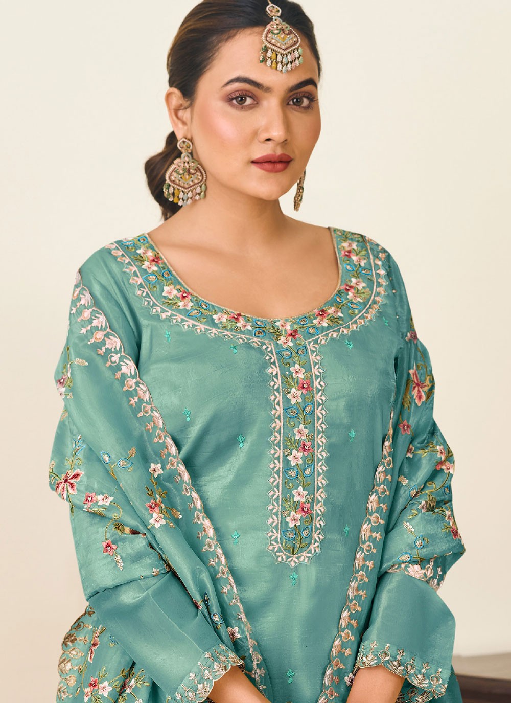 Pant Style Suit Embroidered Teal T7023