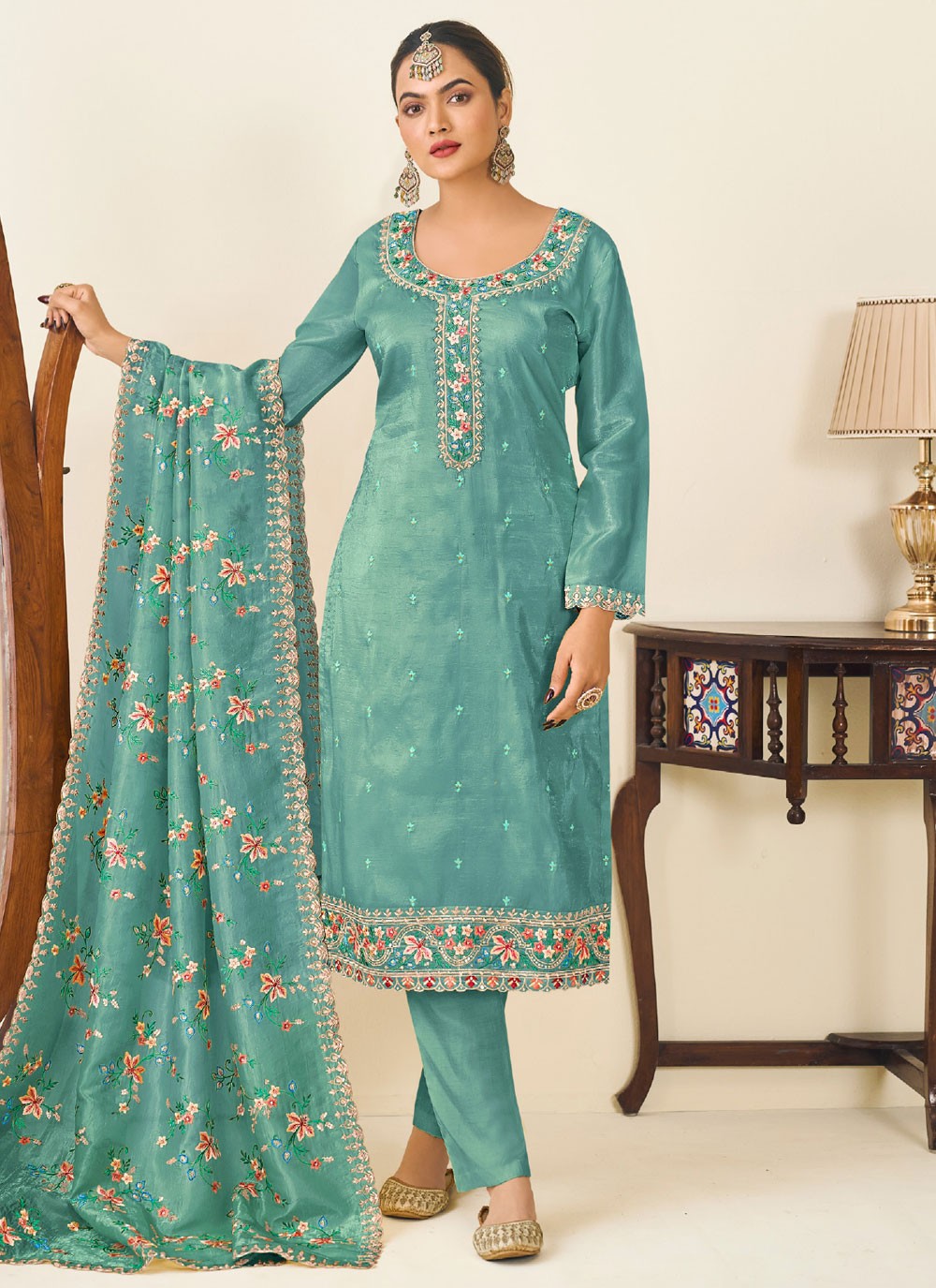 Pant Style Suit Embroidered Teal T7023