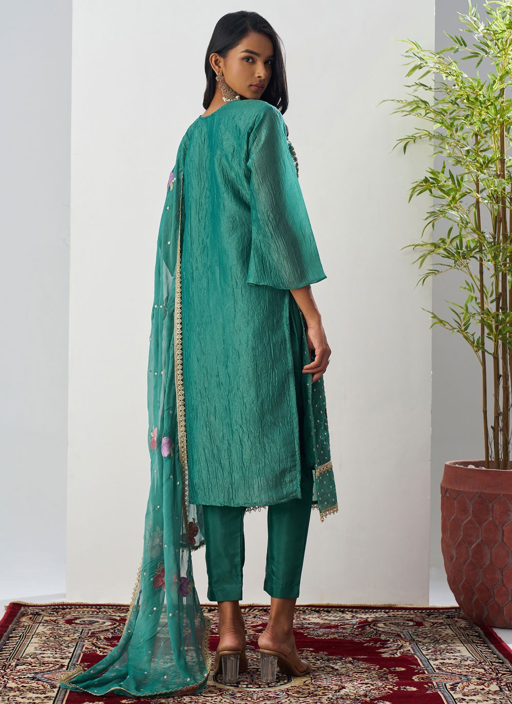 Pant Style Suit Embroidered, Fancy Work Teal T7893