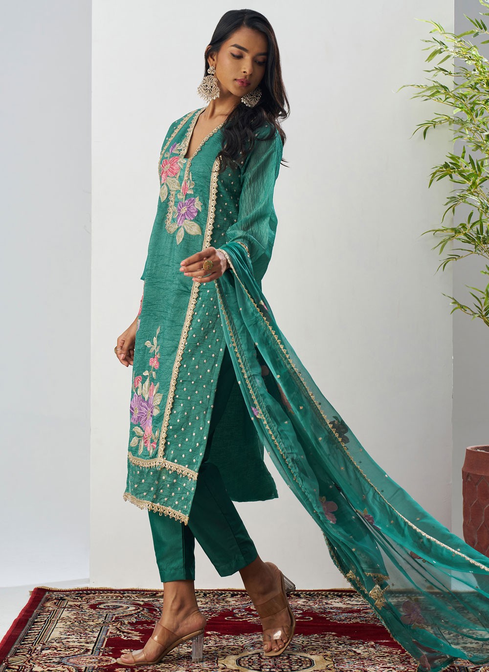 Pant Style Suit Embroidered, Fancy Work Teal T7893