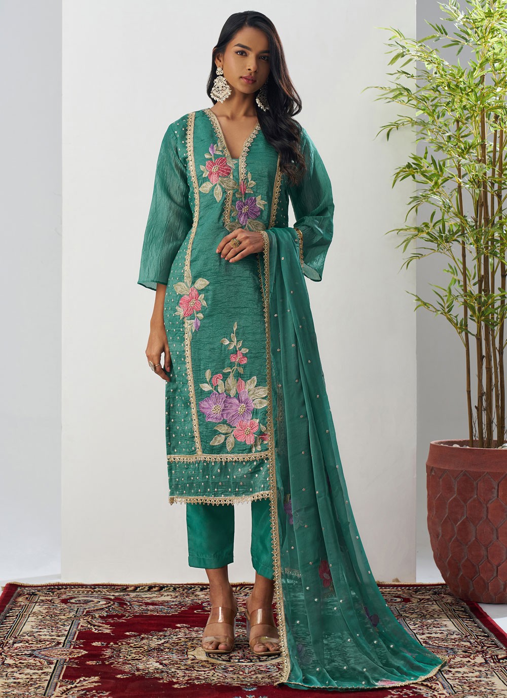 Pant Style Suit Embroidered, Fancy Work Teal T7893