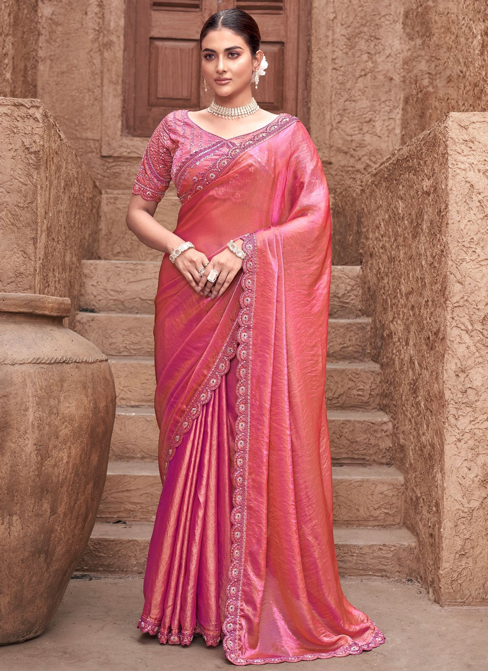 Bollywood Style Embroidered Pink Satin Silk Saree S13260