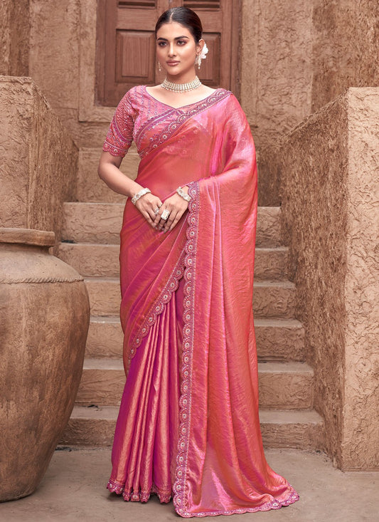 Bollywood Style Embroidered Pink Satin Silk Saree S13260