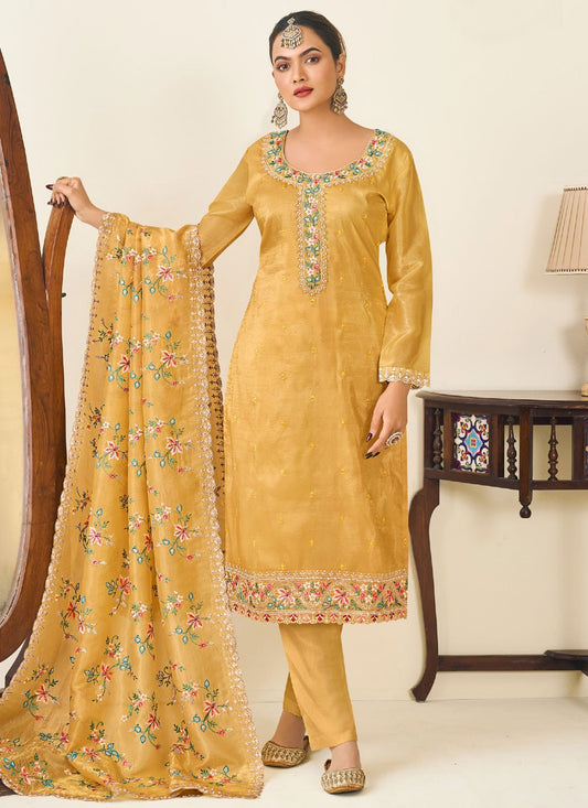 Pant Style Suit Embroidered Yellow T7024