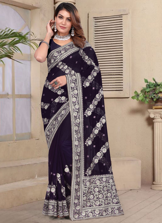 Embroidered Georgette Purple Designer Saree S14959