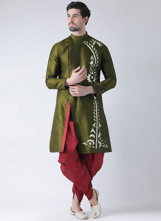 Embroidered Dupion Silk Green Angrakha - M7302