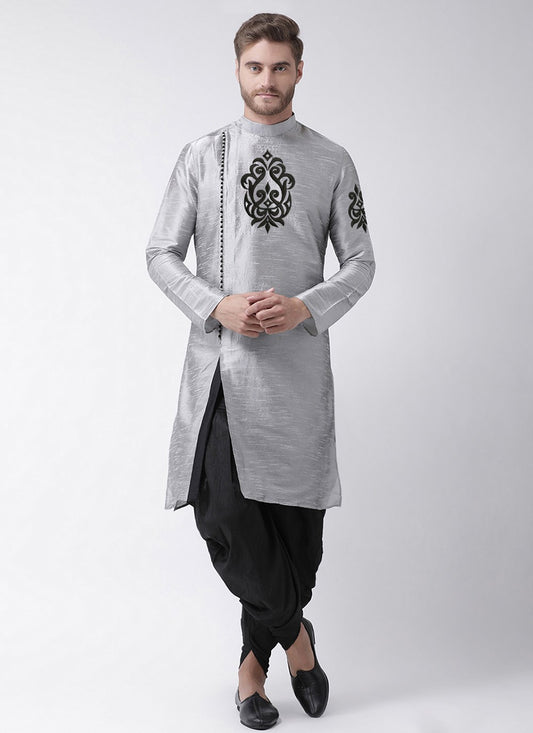 Embroidered Dupion Silk Grey Angrakha - M6691