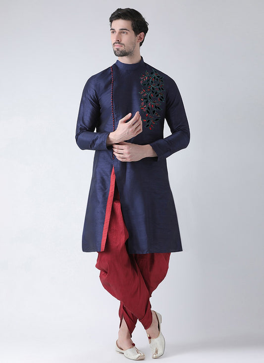 Embroidered Dupion Silk Navy Blue Angrakha - M6693