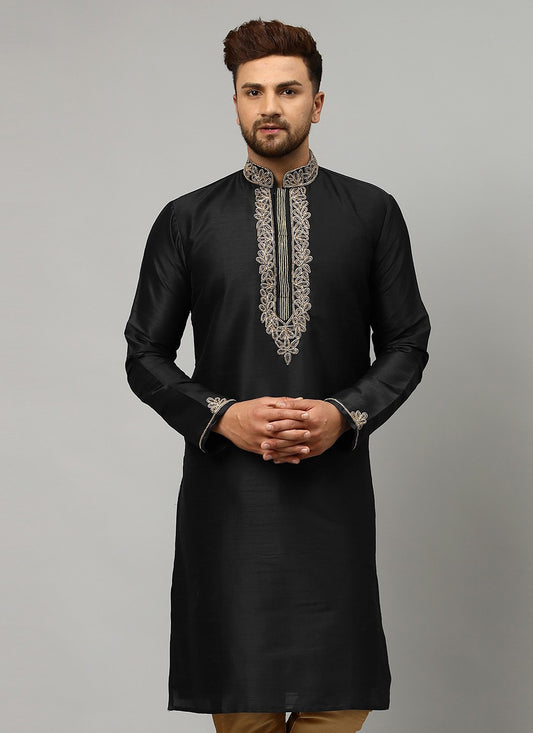 Embroidered Dupion Silk Black Kurta - M2303