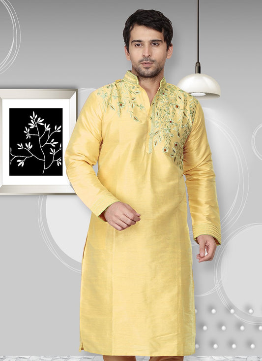 Embroidered Dupion Silk Yellow Kurta - M2360