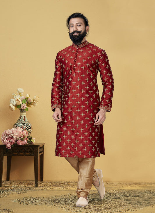 Embroidered Dupion Silk Red Kurta Pyjama - M2061