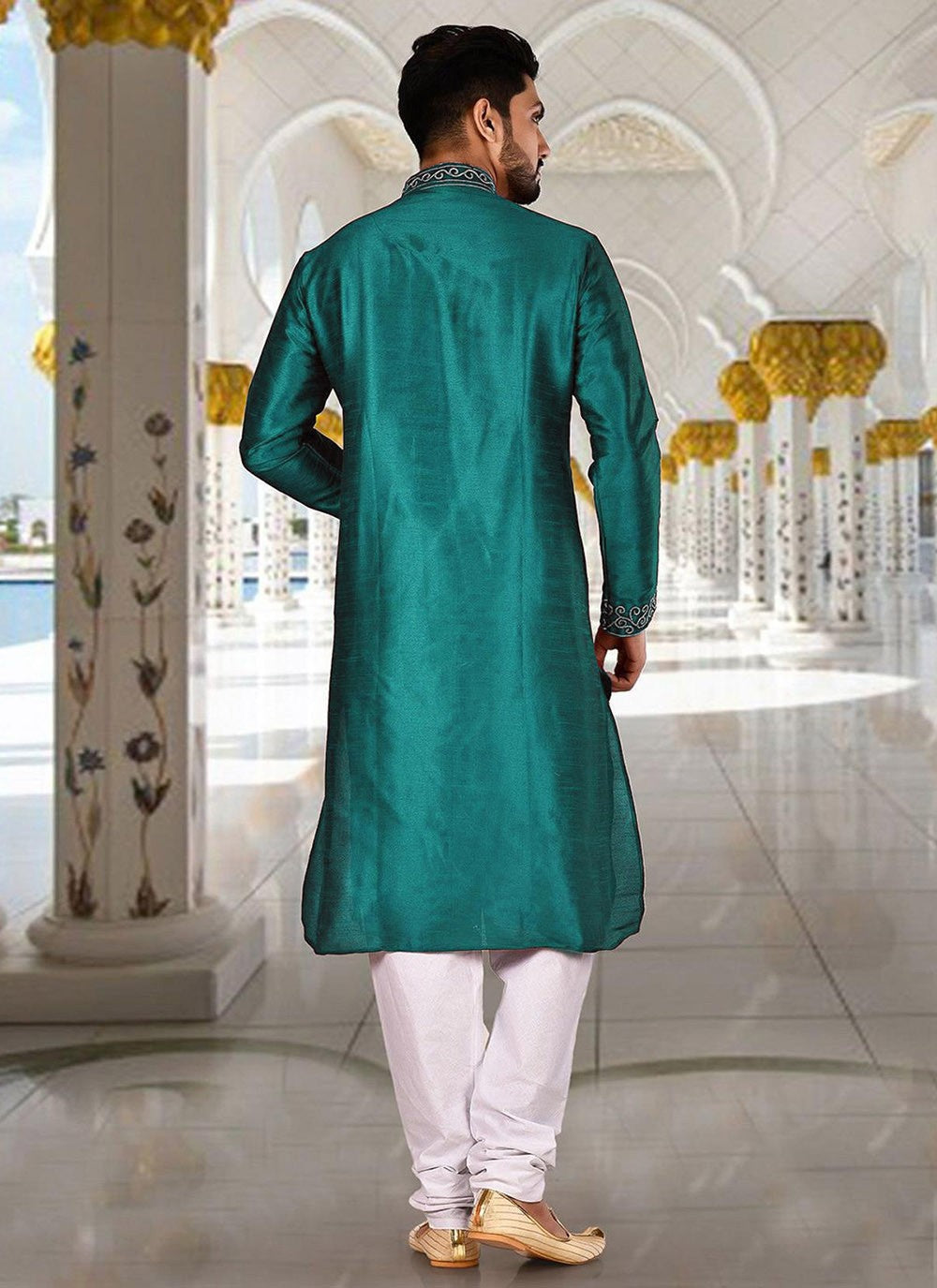 Aari Work Dupion Silk Sea Green Kurta Pyjama - M2283
