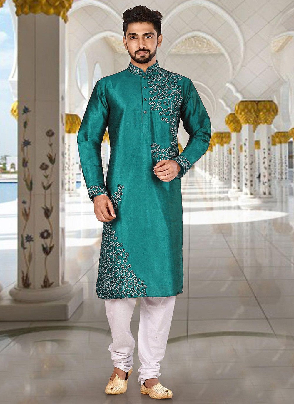 Aari Work Dupion Silk Sea Green Kurta Pyjama - M2283