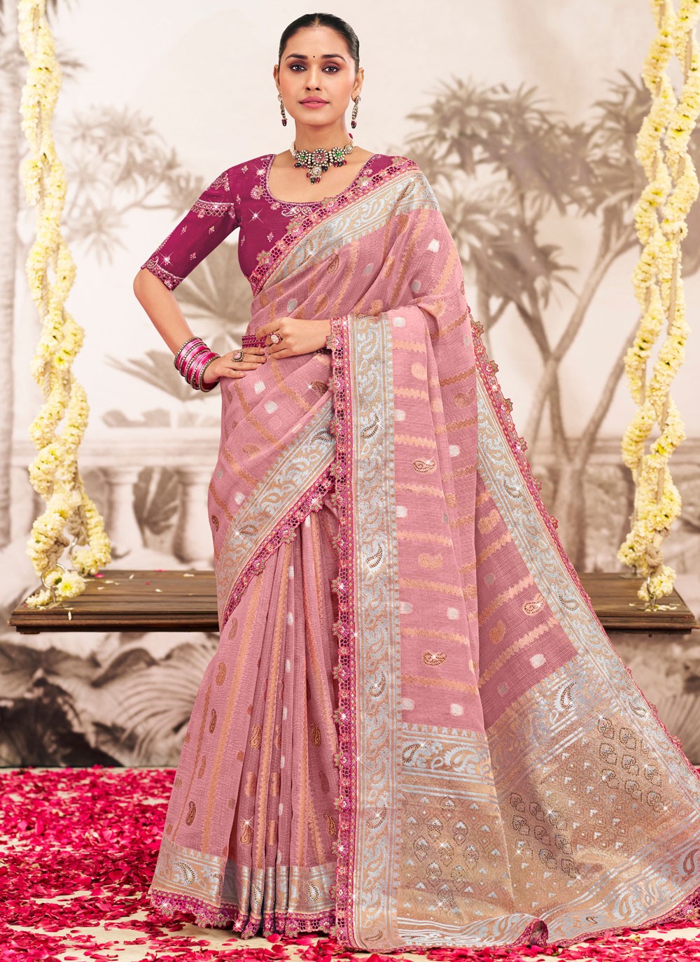 Pink Silk Designer Saree Embroidered, Lace S19600