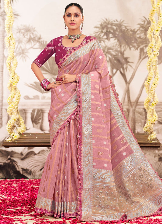 Pink Silk Designer Saree Embroidered, Lace S19600